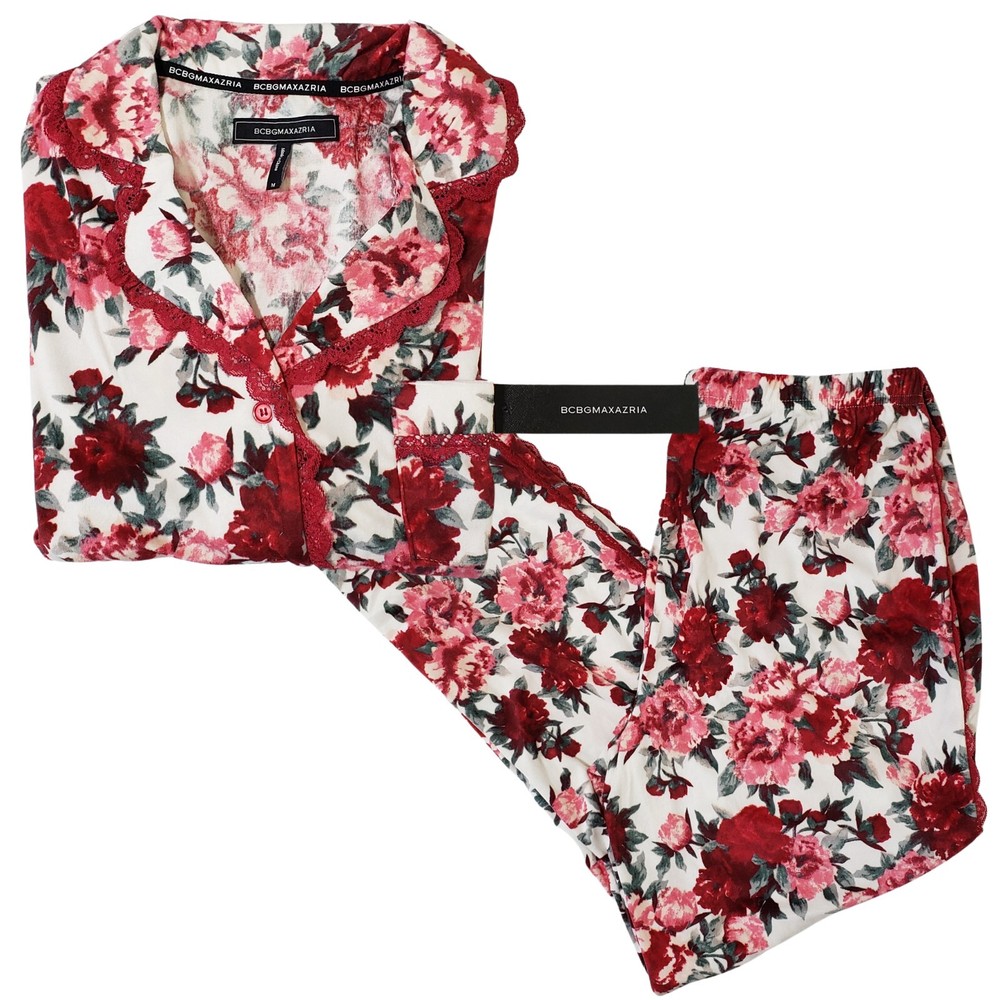 BCBGMAXAZRIA Floral Pajama Set 2-Piece Long Sleeve Lace Trim Womens Medium Rose Print Sleepwear