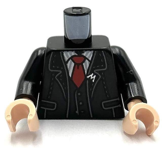 Lego New Minifig Black Torso Jacket and Vest w/ Silver 'M' Pin White Shirt Part