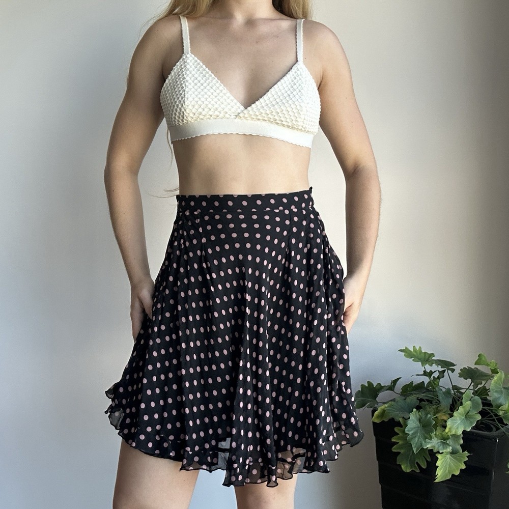 Bettina Liano Women’s 8 Brown & Pink Polka Dot Silk High Waisted Midi Skirt