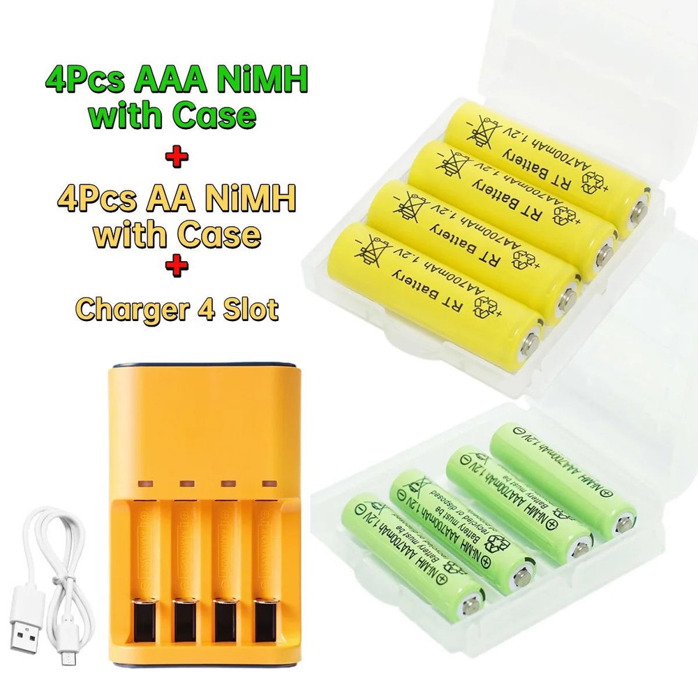 4Pcs AA & 4Pcs AAA Ni-MH Rechargeable Batteries 1.2v with USB 4 Slot Charger