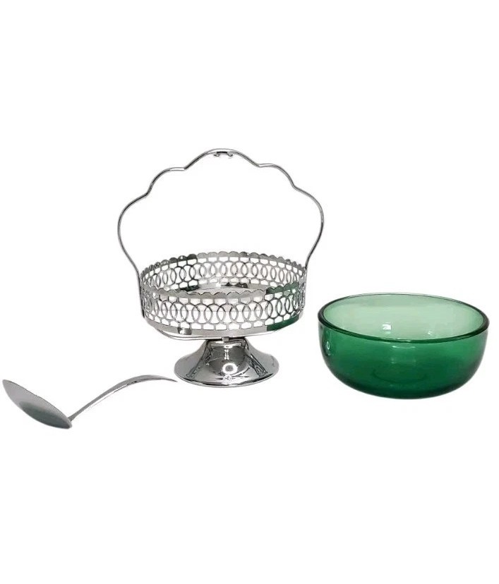 1950s English Glass Condiment Bowl with Chrome Basket and Spoon Set