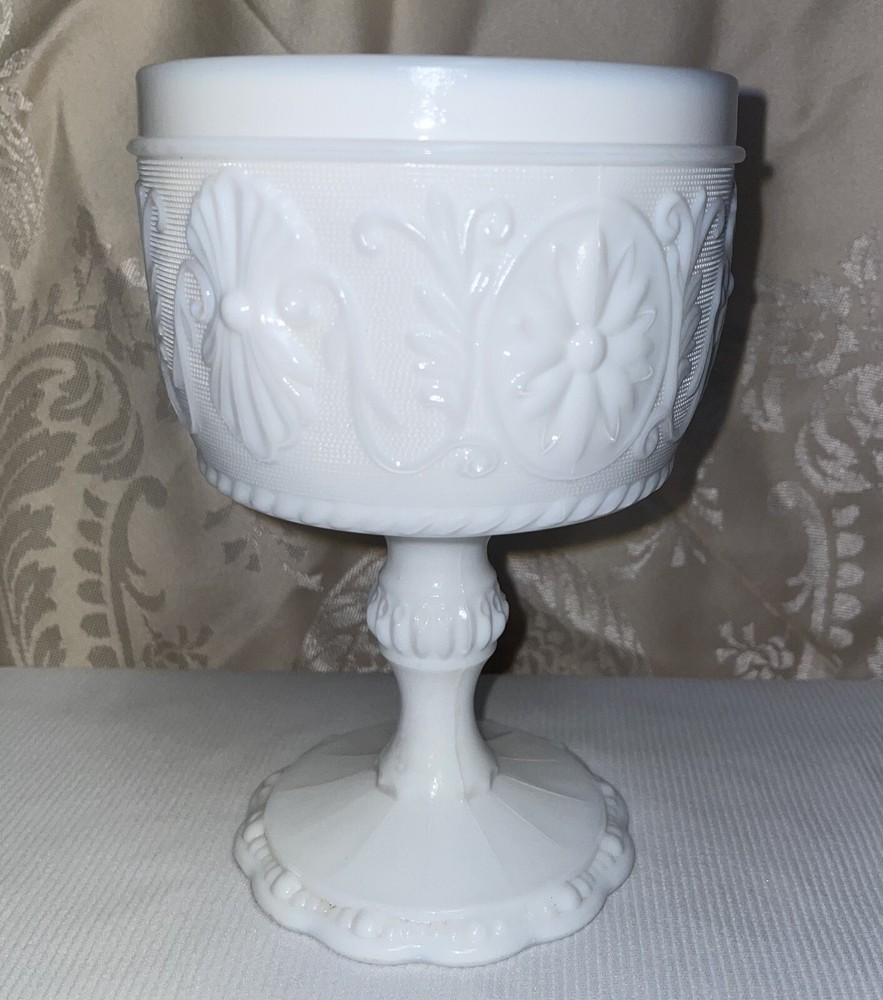 Vtg Indiana Milk Glass Compote Footed Bowl 6 3/8 Inches High Abstract Pattern