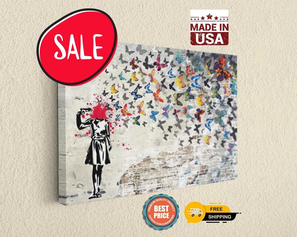 Headshot Butterfly Girl by Banksy - Home Decor Street Art Ready to Hang Canvas