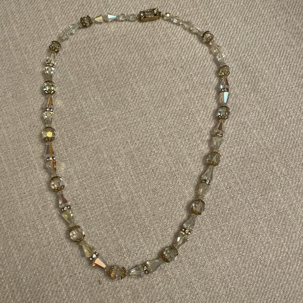 Vintage Beveled Faceted Clear Aurora Borealis Crystal Beaded Necklace Estate