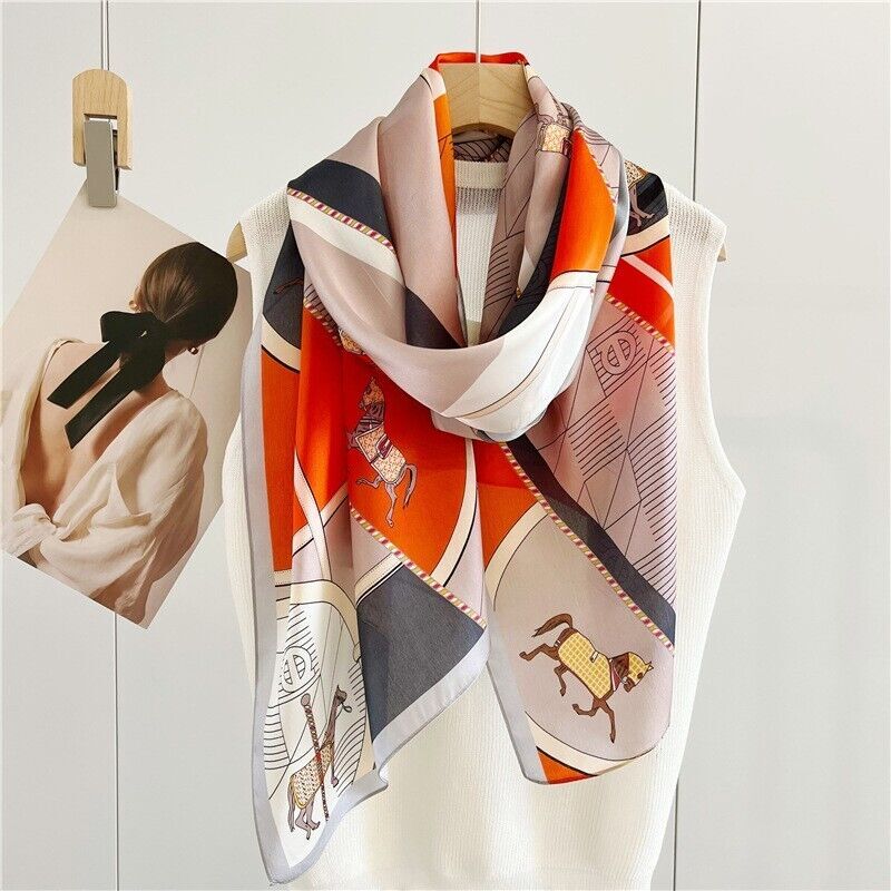 Elegant Orange Mulberry Silk Crepe Shawl Wrap with Horse Print 180x65cm