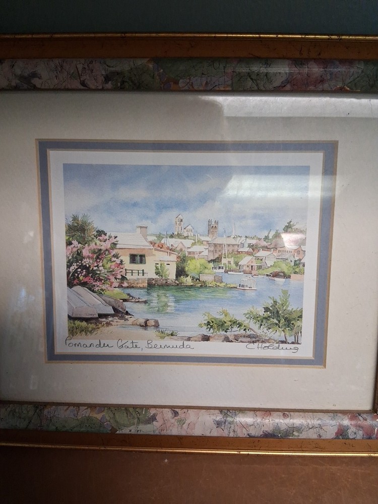 Framed C. Holding Signed BERMUDA COTTAGE HARBOUR ROAD Watercolor Print Art