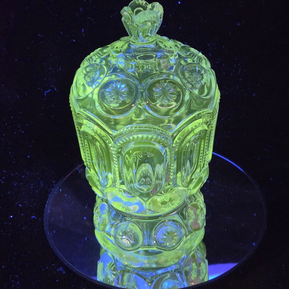 Adams Palace EAPG Moon & Star Manganese Glow Lidded Candy Dish Compote UV