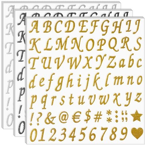 12 Sheets Glitter Letter Stickers,Self 1 Inch Glitter Gold,silver,black