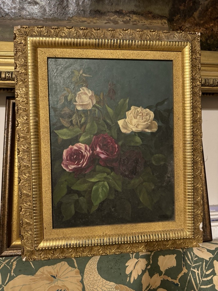 Antique Oil Painting Of Roses