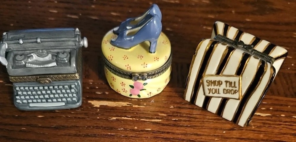 Vintage Lot of 3 Trinket Boxes - Typewriter, Hatbox & Shopping Bag