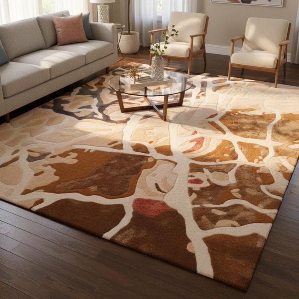 Beige and Brown, Hand Tufted Abstract Area Rug, Handmade 100% New Zealand Wool