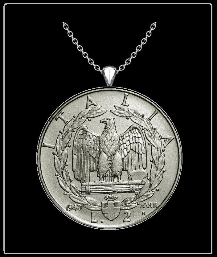 2 LIRE Italy Coin Necklace - ww2 mussolini fascist era italian silver eagle