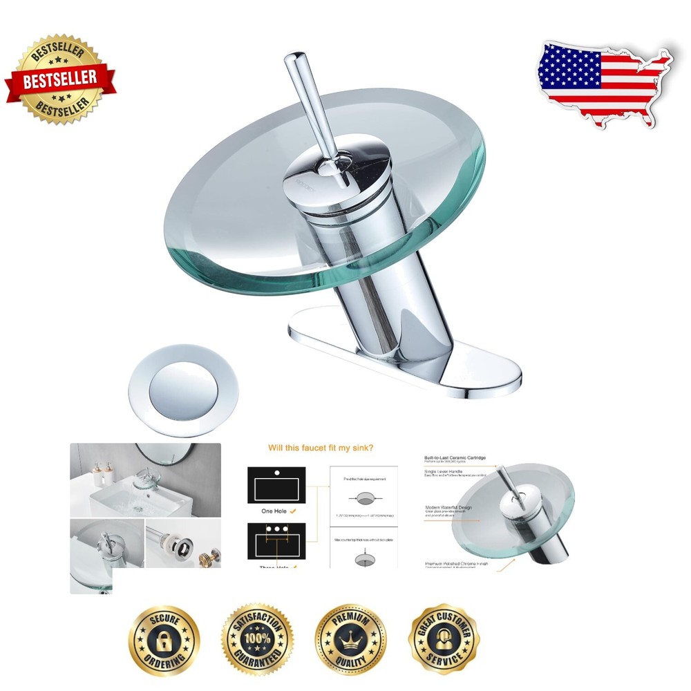 Elegant Single Hole Chrome Bathroom Faucet with Glass Disc and Waterfall Spout