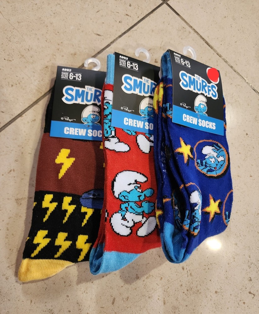 Peyo Smurfs Adult Crew Socks 3-Pack Fun Colorful Design