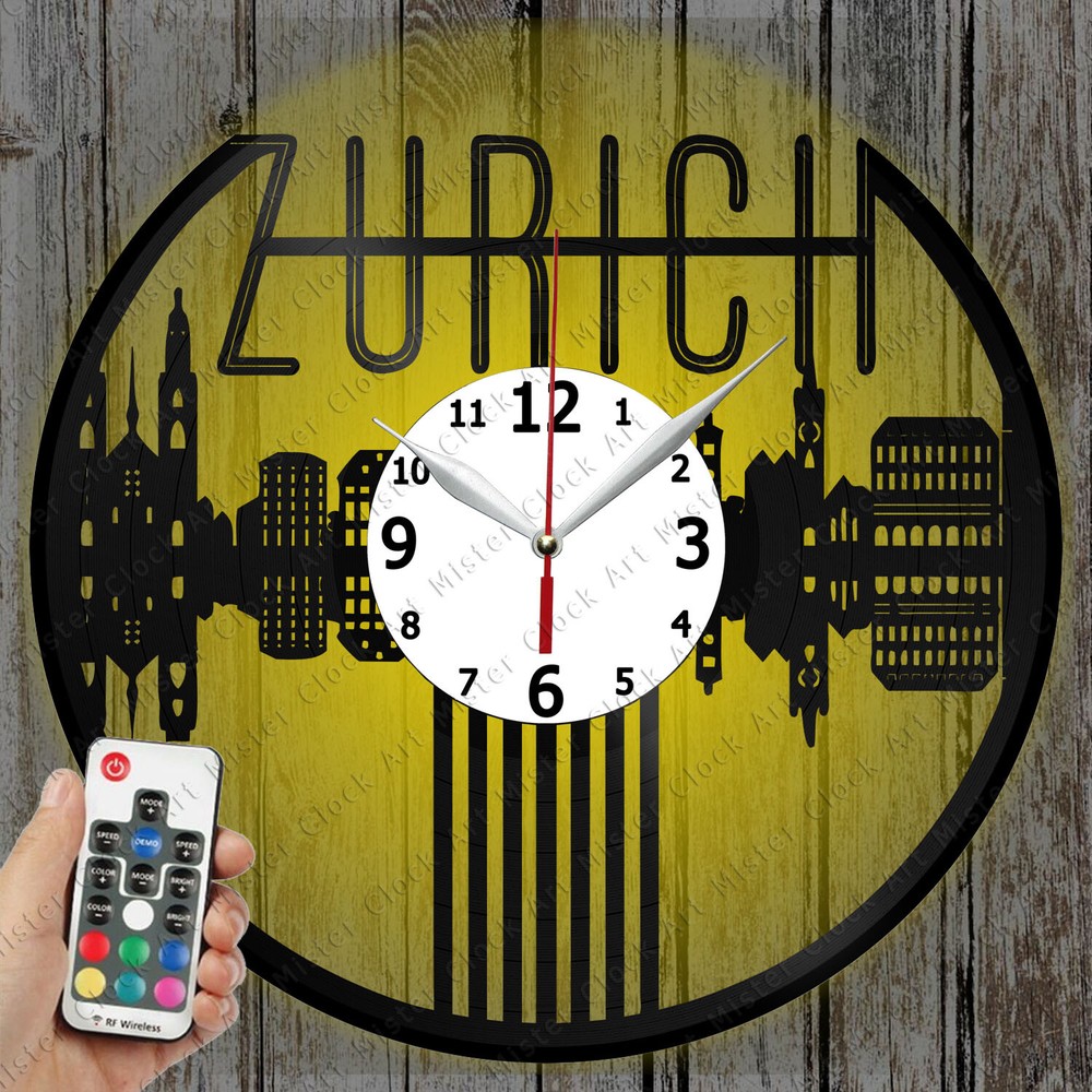 LED Zurich Skyline Clock with Record Art Design Modern Home Decor Gift 6688