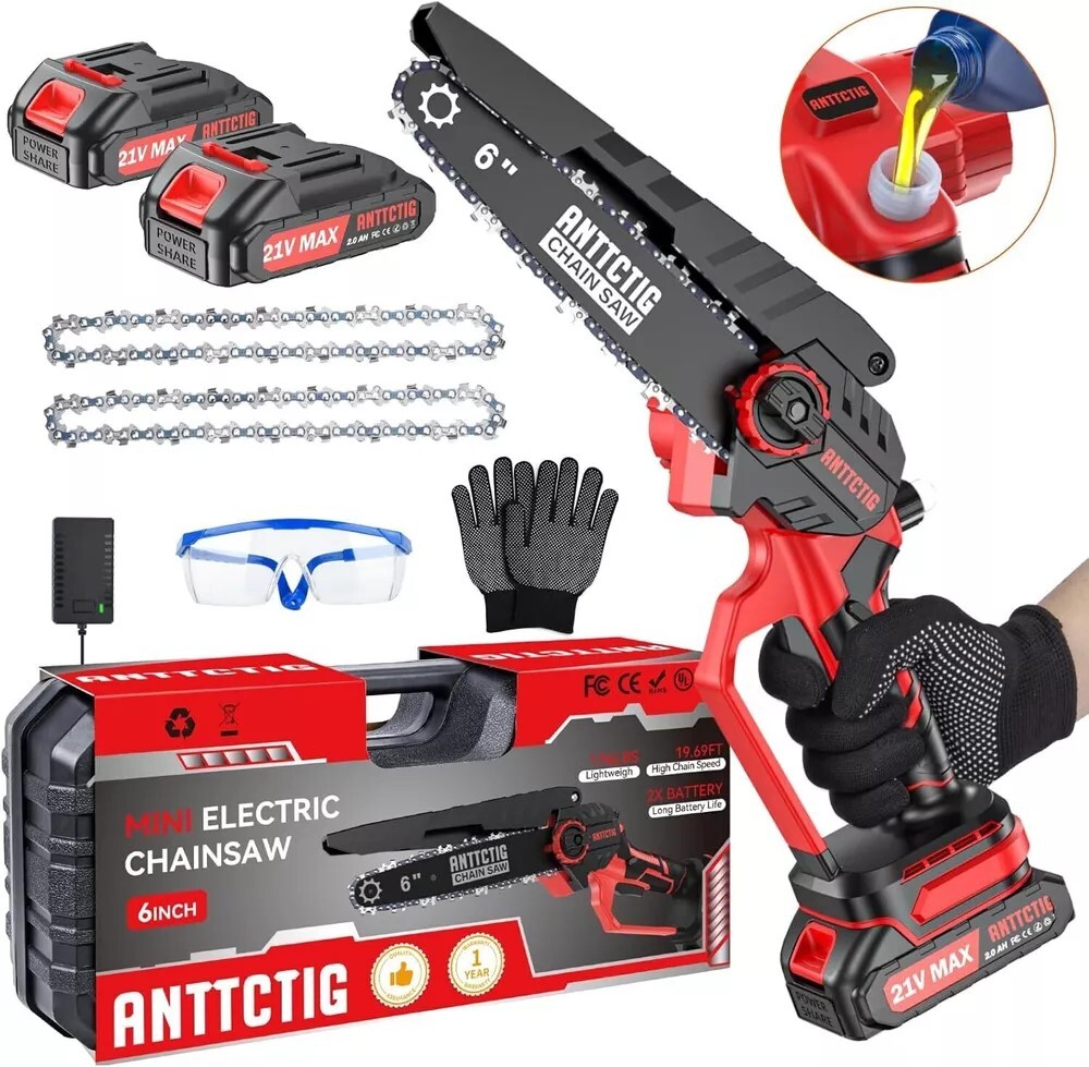 Mini MotoSierra Inalámbrica 6 Pulgadas 2 Baterías Portátil Roja Potente