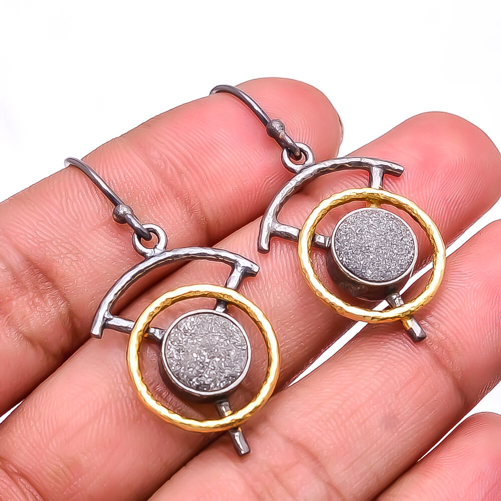 Carbon Black Titanium Agate Drusy 925 Silver Black&Gold Plated Earring 1.64