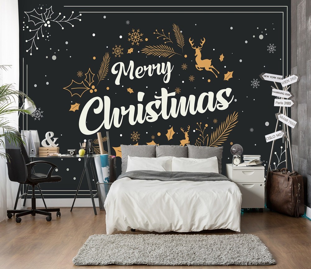 3D Merry Christmas Wallpaper ZHUA45582 Removable Self-Adhesive Wall Mural