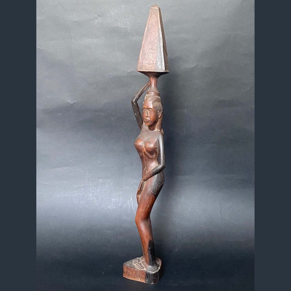 1930s Balinese Temple Offering Ebony Tower Gebogan Female Statue Indonesia 63cm