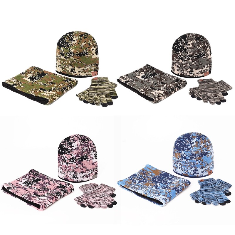 Unisex Winter 3Pcs Camo Knit Beanie Scarf Gloves Set for Ultimate Warmth