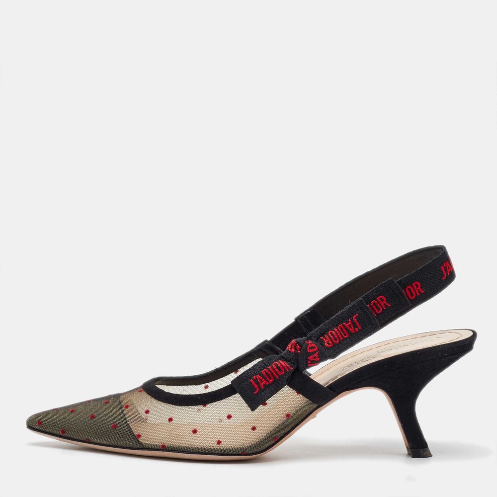 Dior Black Polka Dots Mesh and Suede J'adior Pointed Toe Slingback Sandals Size