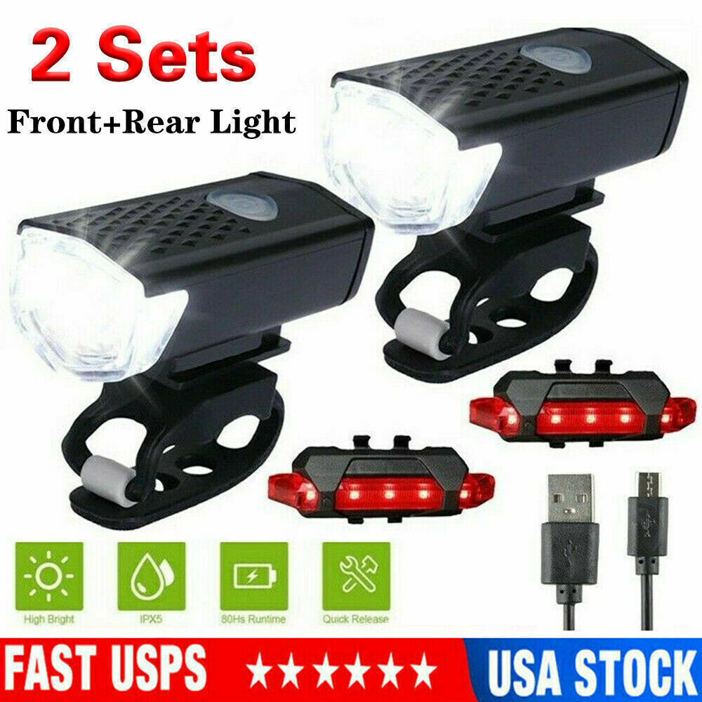 2 Sets USB Rechargeable LED Bicycle Headlight Bike Front Rear Lamp Cycling