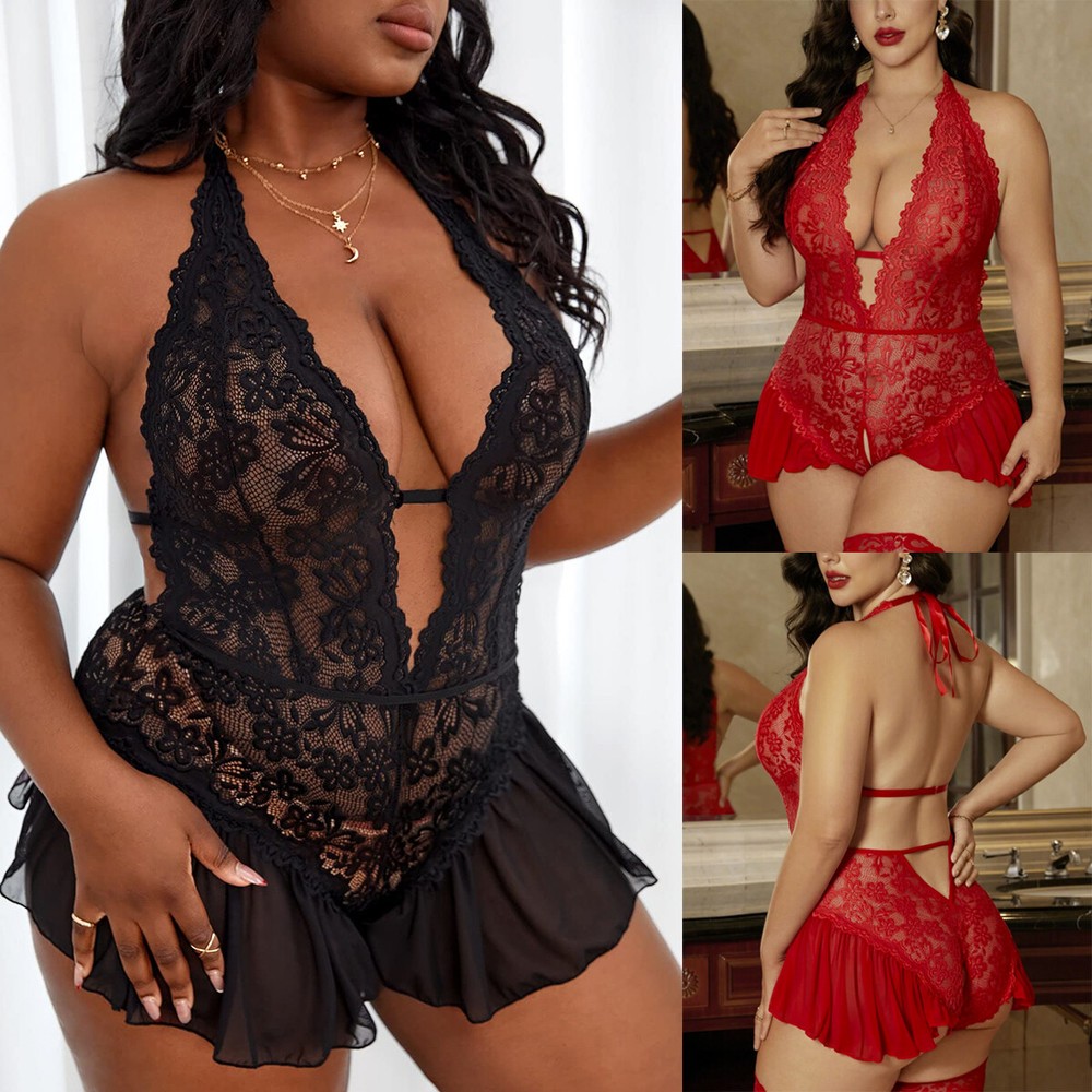 Plus Size Floral Lace Bodysuit Babydoll Nightwear for Women