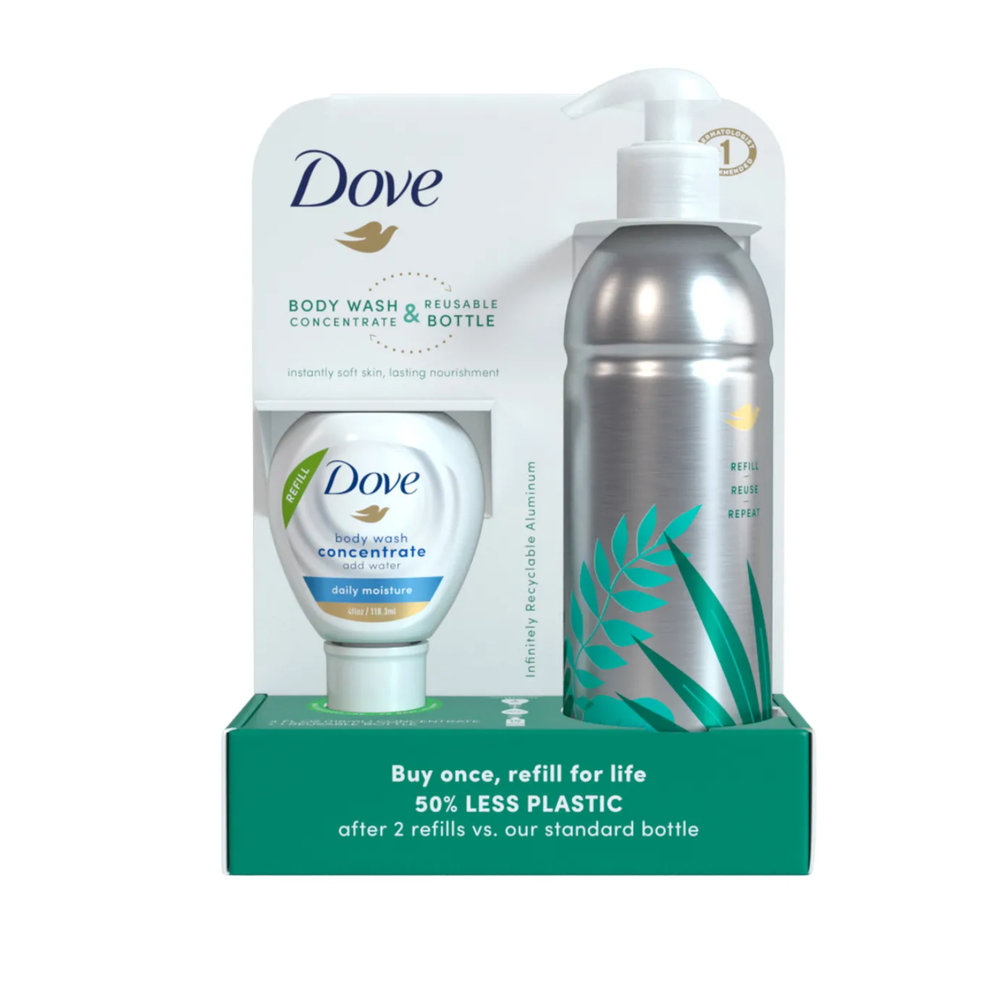 Dove Beauty Daily Moisture Body Wash Refill Concentrate & Reusable Aluminum