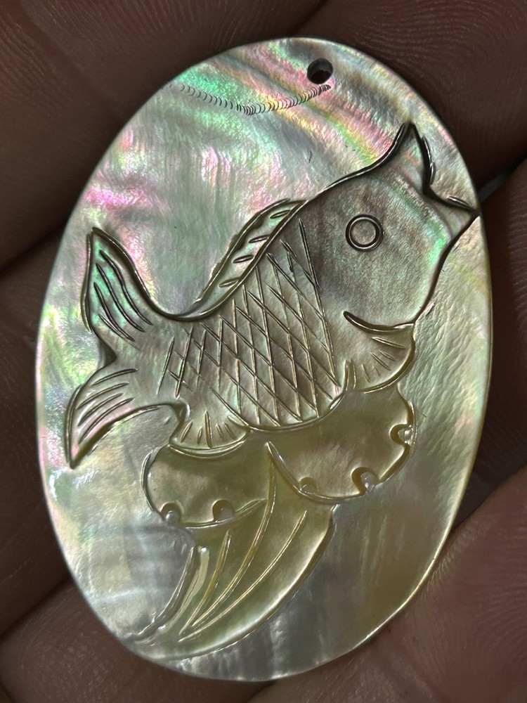 Vintage Carved Oval Abalone Shell Fish Pendant 2”