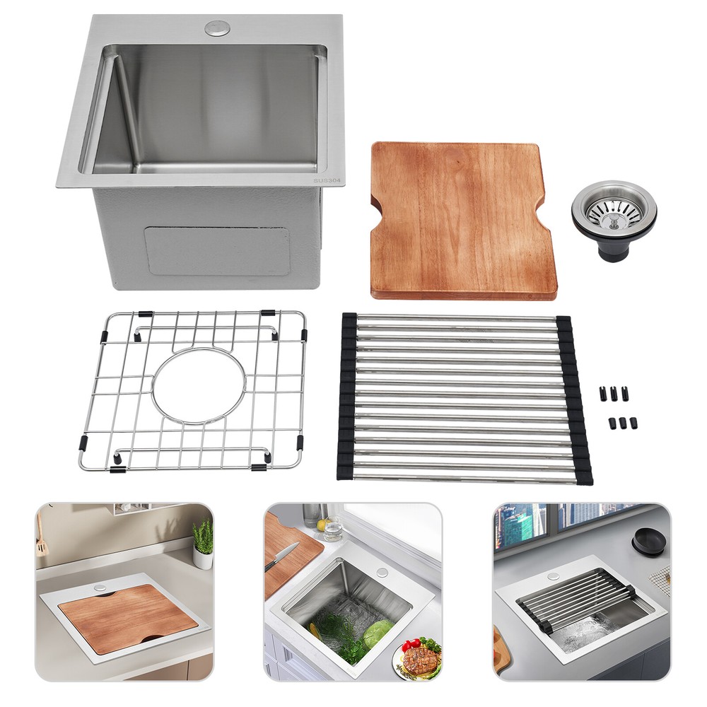 15x15 Inch Topmount Stainless Steel Single Bowl Bar Sink