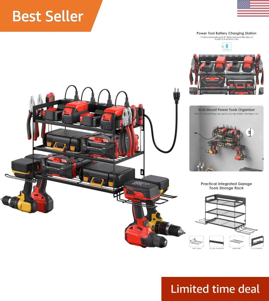 Efficient Metal Power Tool Organizer Shelf with 4 Drills Holder - Quick Assembly