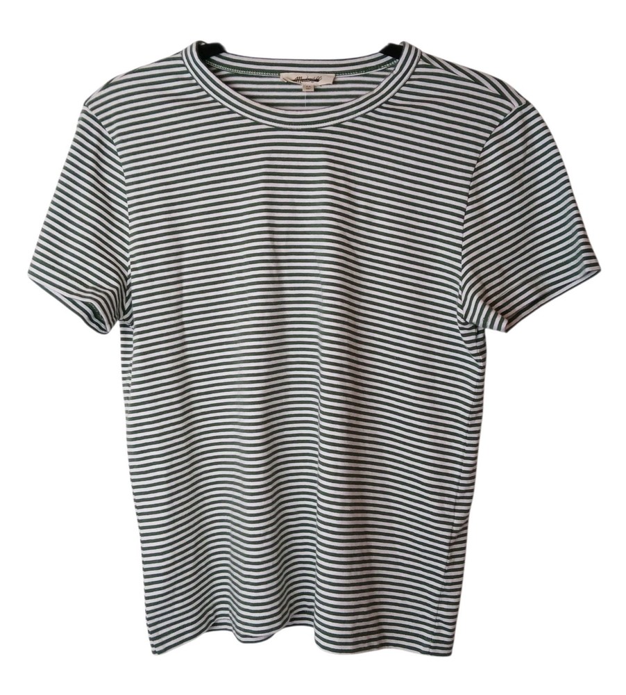 NWT Madewell Women Top XS Green Stiped Crew Neck Short Sleeve Casual  T-Shirt