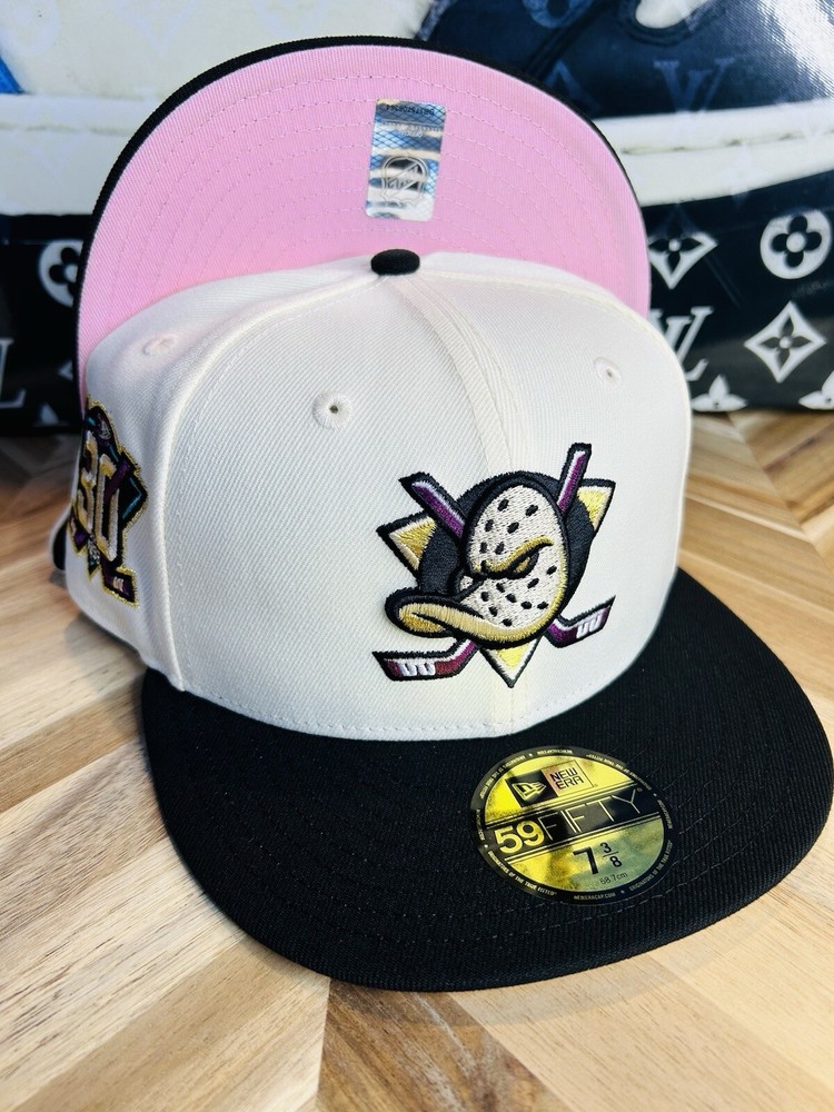 New Era Prociety Rahnni Mighty Ducks NHL White Hat 7 3/8 Pink UV Rare Sold Out