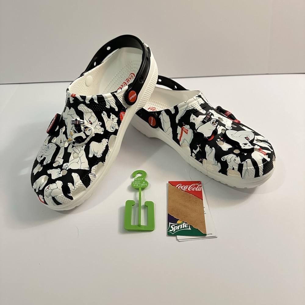 Crocs Coca-Cola Clogs for Men Size 10, Women Size 12, Black and White Design with Polar Bear Jibbitz Charms