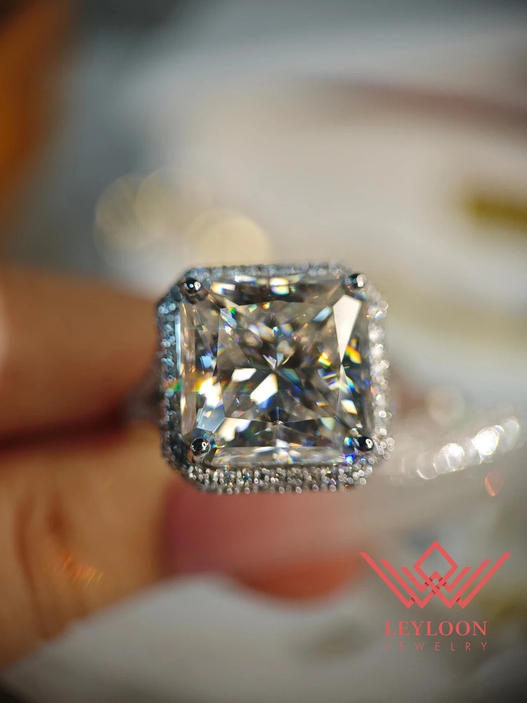 12 Carat Square Radiant Cut G-H Near Colorless 10K White Gold Moissanite Ring
