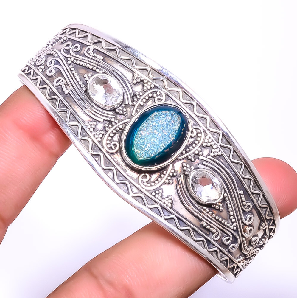Titanium Blue Agate Drusy & White Topaz Gemstone 925 Sterling Silver Cuff Adst.