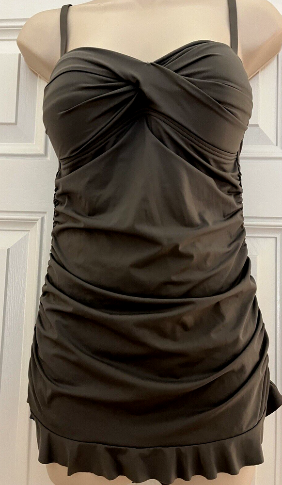 Tommy Bahama Women's Swimsuit Gray 1 Piece Twist Top Skirted Ruffled Size 8 Tall