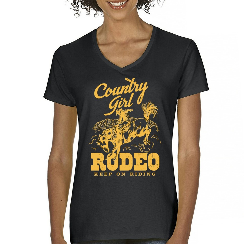 Country Girl Rodeo Women's V-Neck T-shirt Keep On Riding Western Cowgirl