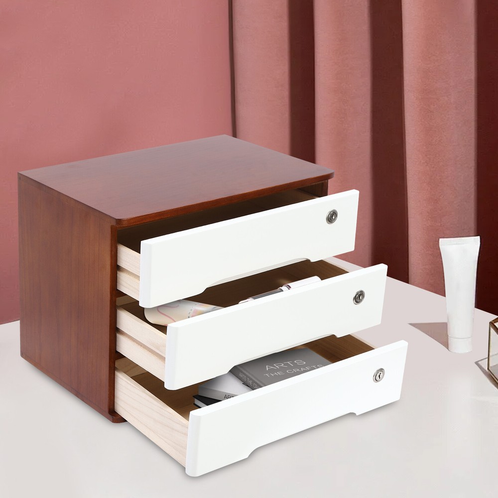 3-Tier Wooden Desk Organizer Tung Wood  Storage Cabinet with Lockable Drawers