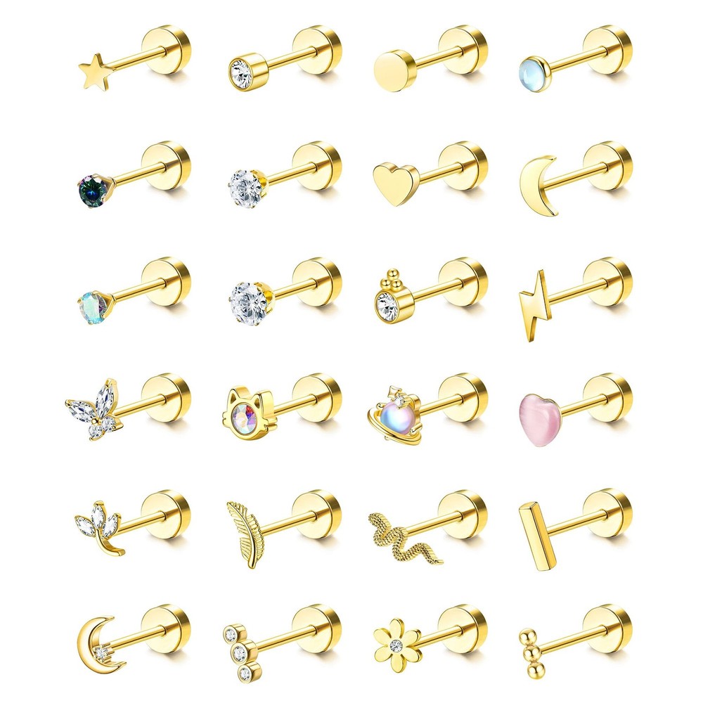 24Pcs 20G Surgical Steel Cartilage Earrings Flat Back Studs for Women & Men