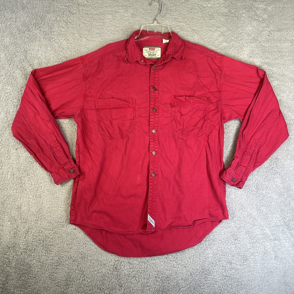 Vintage Levis Shirt Mens Large Red Metal Button Cowboy Western Rodeo Work 90s