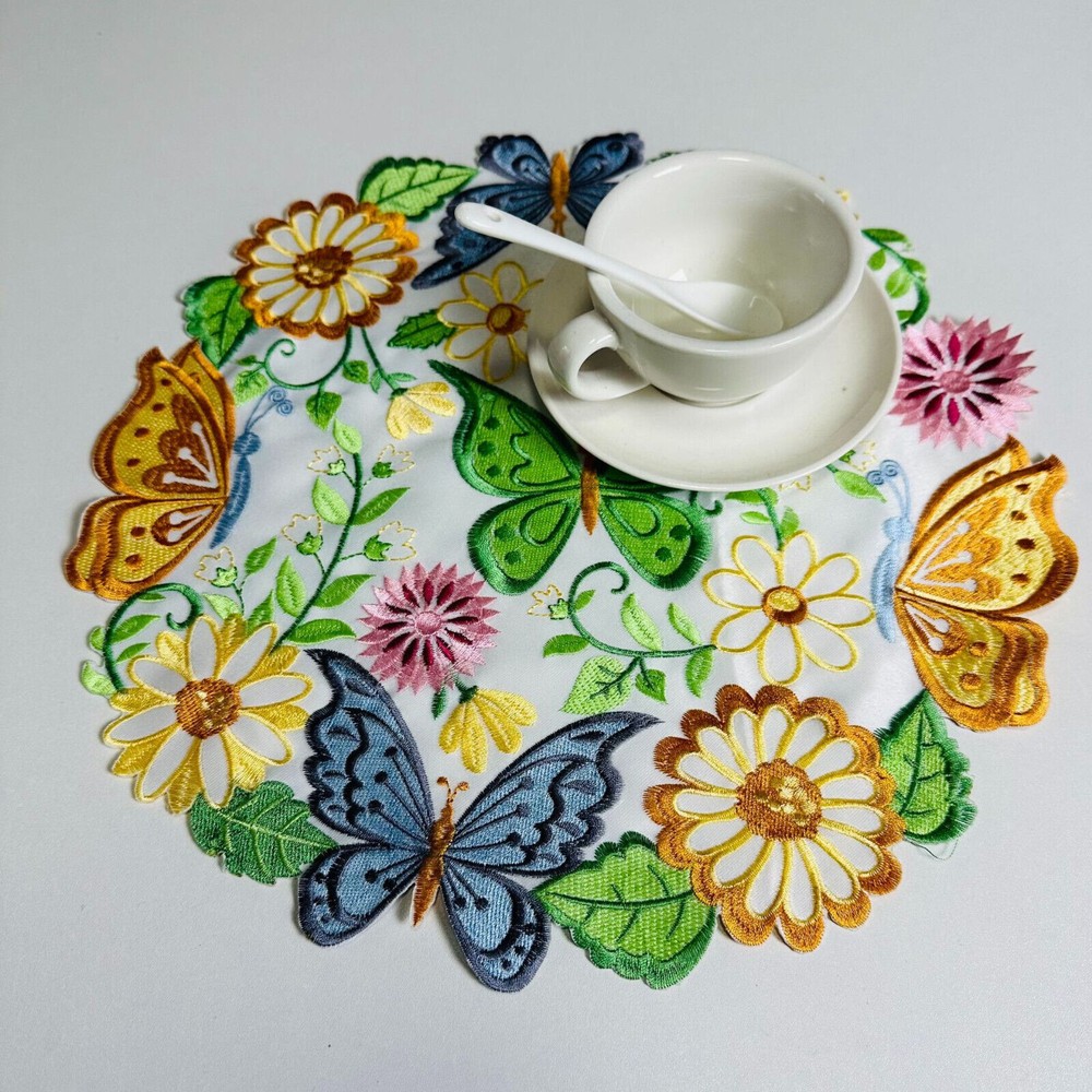 Set of 4 Round Embroidered Placemat Spring Floral Dining Table Mats Doilies 14