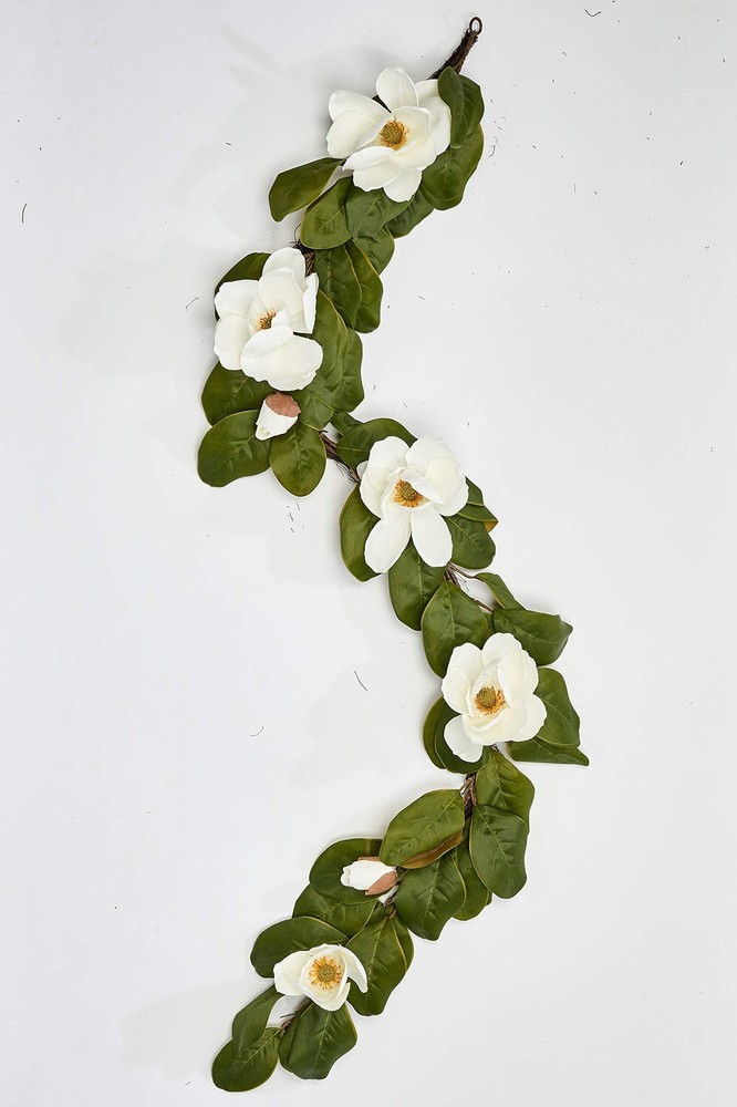 76-Inch Magnolia Garland with 7 White & Green Flowers for Elegant Decor