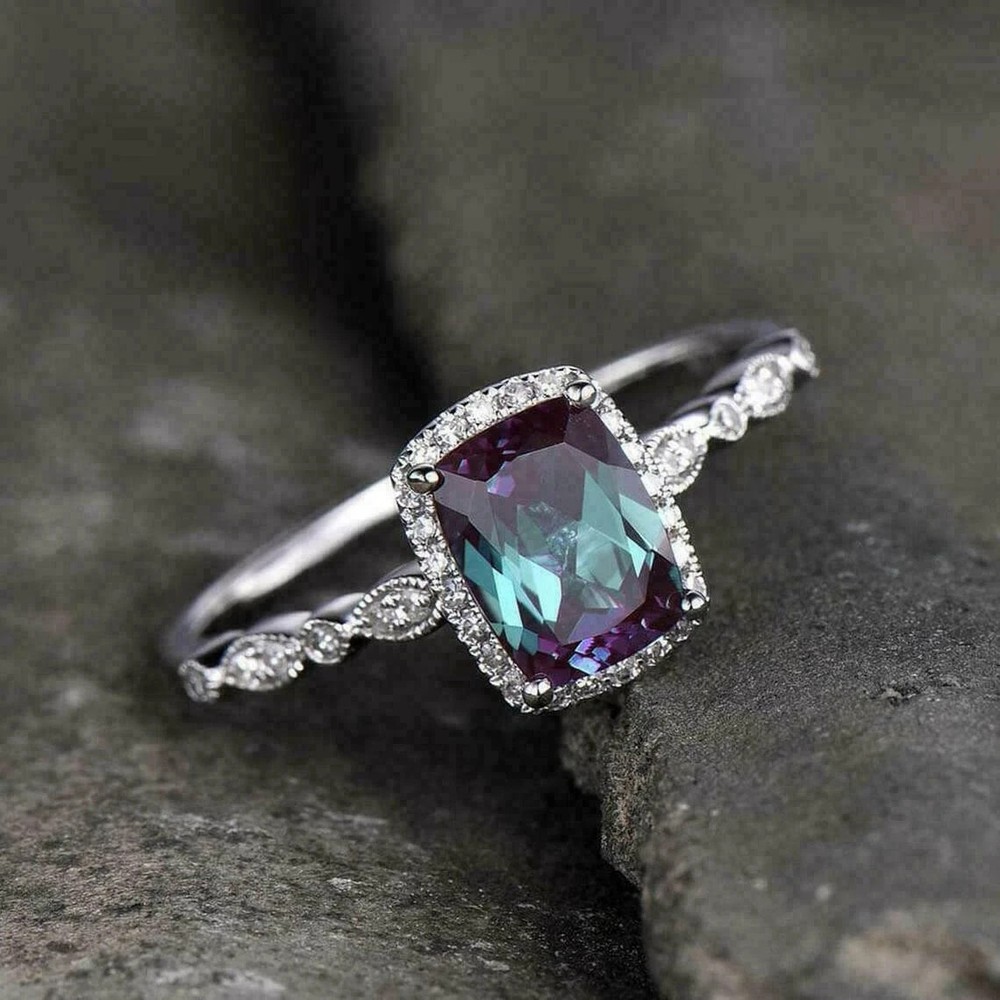 3.25 Ct Cushion Cut Alexandrite Engagement ring 14k solid white Gold