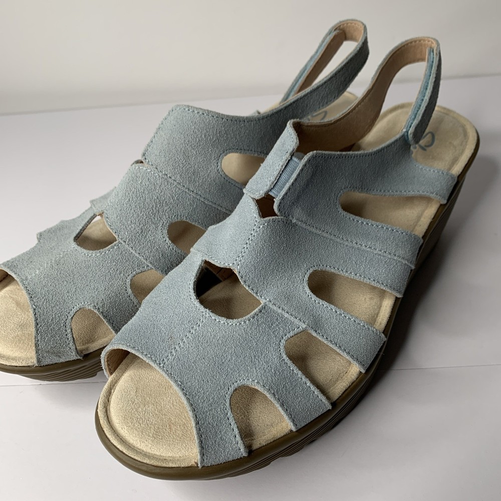 Skechers Parallel Sandals Women's 10 Peep Toe Slingback Wedge Light Blue Suede
