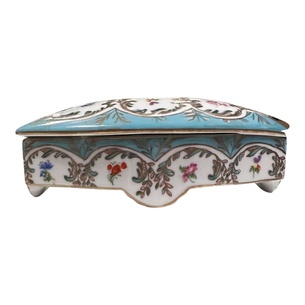 Vintage Paris Royal Peint à la Main Porcelain Trinket Box Turquoise Gold Floral