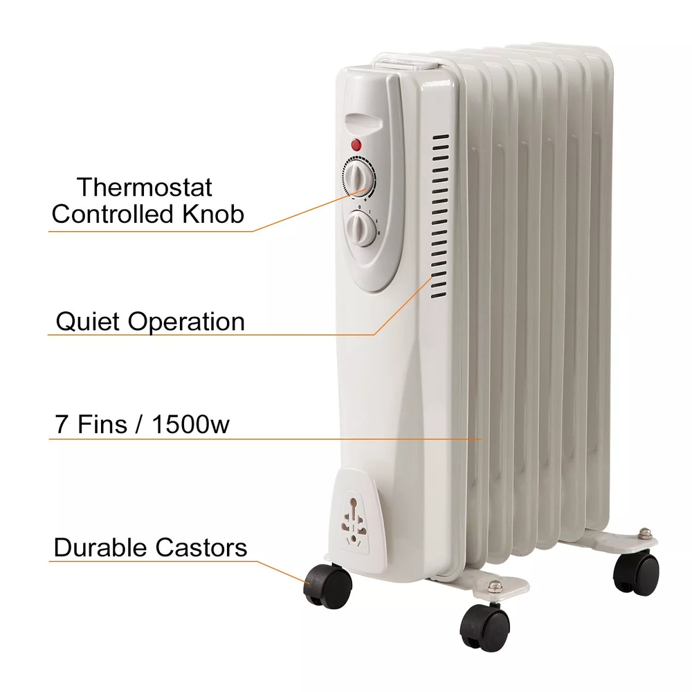 1500W, 7-Fin & 3 Heat Settings Portable Oil Filled Radiator Space Heater