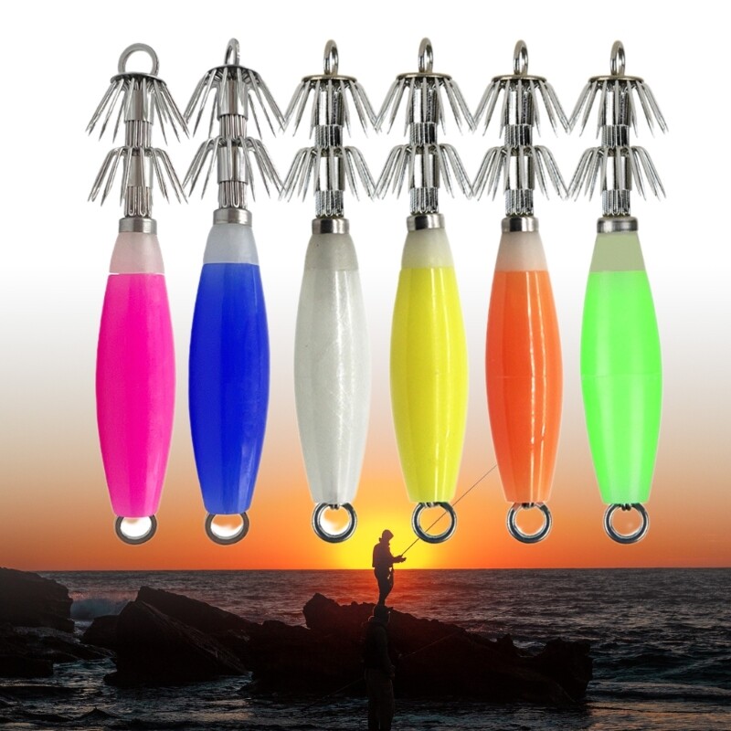 Glowing Steel Squid Jig Bait for Night Fishing Luminous Hook