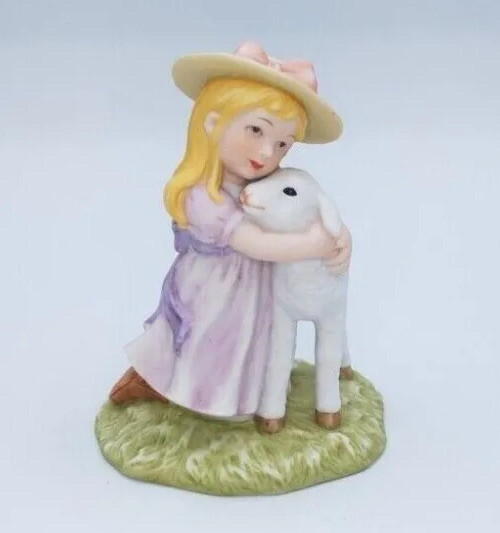 Vintage Enesco Springtime Friends Figurine Girl Hugging Lamb 605328 1989
