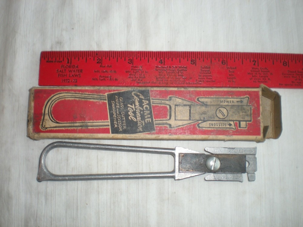 Vintage ACME Multi-Tool with Knife Scissor Sharpener Glass Cutter and Box